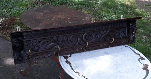 Antique Victorian Carved Oak Hanging Coat Rack W/ Lion Heads Cover