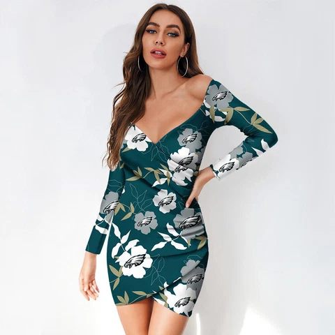 Philadelphia Eagles Women's V-Neck Dress Low-cut Bodycon Off Shoulder Mini Dress Cover