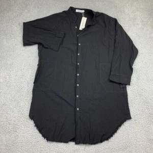 New Cowasto Blouse Womens XL Black Frayed Hem 3/4 Sleeve Button-Up 100% Cotton - Picture 1 of 10