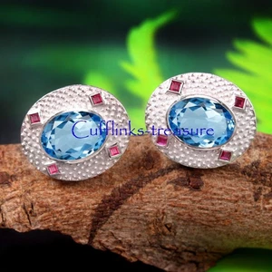 Natural Blue topaz & Ruby Gemstones 925 Sterling Silver Cufflinks For Men's #798 - Picture 1 of 6