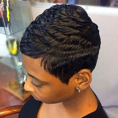 Pelucas corte pixie para mujer negra, bob corto en capas con flequillo pelo ondulado​ Foto 1 de 4