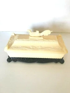 Vintage Asian Plastic Trinket Box Dragons & Phoenix Bird Ivory Colored w/ Lid - Picture 1 of 8
