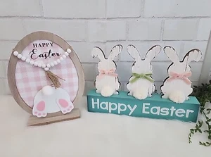 Easter Bunny Rabbit Egg Wood Signs Tabletop Decor Bunnies Tails Set Of 2 NEW - Picture 1 of 7