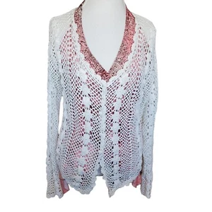 Womens M/L White Cotton 3d Flower Crochet Open Knit Cardigan - Picture 1 of 6