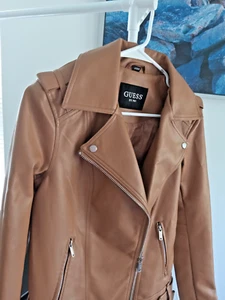 GUESS Women’s Faux Leather Moto Jacket S Foxy Luxe Tan Brown Biker Zip New NWT - Picture 1 of 5