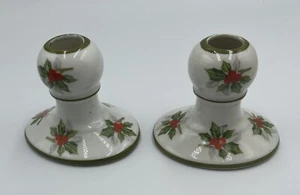 Vintage Pair Norleans Japan Holly Christmas Candle Stick Holders - Picture 1 of 11