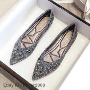 Fashion Women Rhinestones Pointed Toe Flats Shallow Mouth Slip On Casual Shoes - Picture 1 of 26