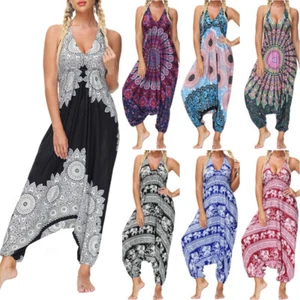 Lady Boho Floral Strappy Baggy Hippy Harem Jumpsuit Drop Crotch Romper Playsuit - Picture 1 of 22
