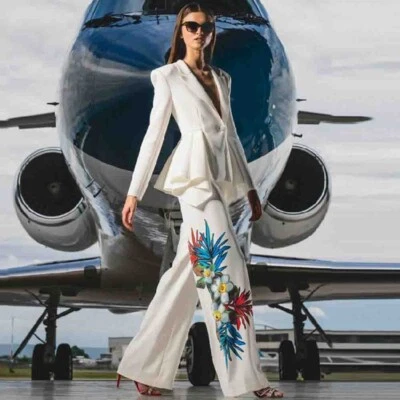 Traje Blazer Pantalón Plus 1x-10x L646 Hecho a Medida Para Mujer Un Botón Pierna Ancha Foto 1 de 4