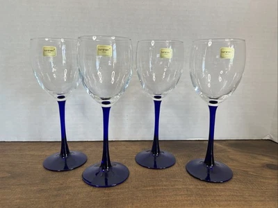 "Juego de 4 copas de vino de agua vintage Luminarc con vástago azul cobalto de 8"" excelente" Foto 1 de 4