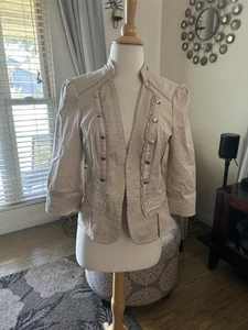 White House Black Market taupe military jacket w/ silver buttons & ruffles sz 6 - Picture 1 of 13