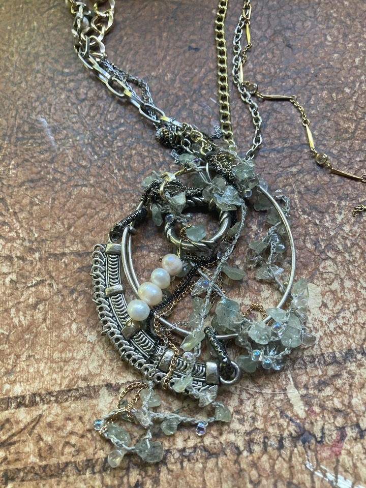 Piedra Verde Perla Plata Tono Dorado Étnico Largo Roble Hecho a Mano Elegante Foto 1 de 4