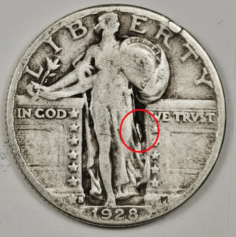 1928-s Standing Liberty Quarter. Error "Tear Drop". Left of "WE" Obverse. 146690 Cover