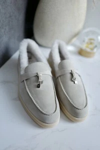 Neuf en Boîte Loro Piana Été Breloques Marche Mocassins Shearling Fourrure Perle - Picture 1 of 19