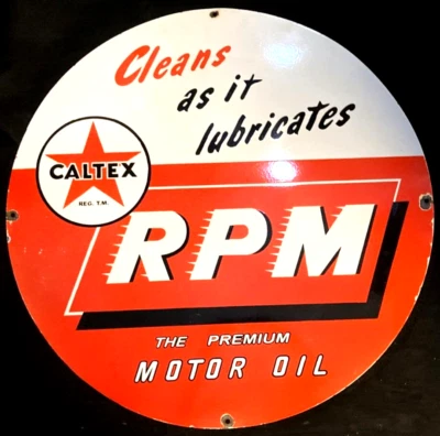 Vintage Art CALTEX RPM MOTOR OIL PORCELAIN SIGN Rare Advertising 30" Texaco Gulf - Image 1 of 2