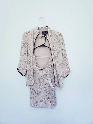 Alex Evenings 女式 M 双套装闪亮夹克背心正式棕褐色黑色花卉全新带标签 — 第 1/4 张图片