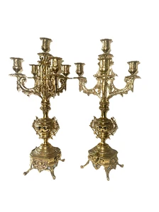Vintage 5 Arm Candelabra 19" Italian Brass Baroque Brevetto Brevettato Pair - Picture 1 of 8
