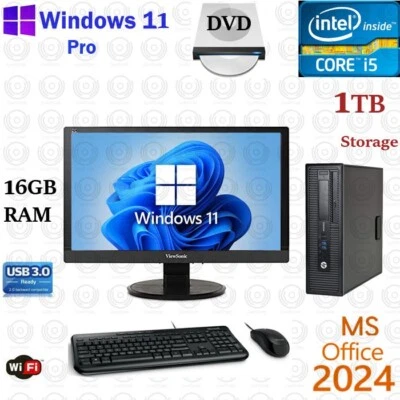 Windows 11 HP i5 3.2 ghz 1TB 16GB RAM 20" LCD WiFi Desktop Computer PC Office24 - Image 1 of 4