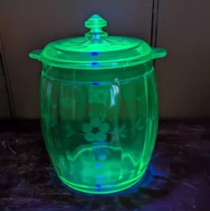 VTG Jenkins Floral Etched Cookie Biscuit Jar Lid Uranium Green Depression Glass - Picture 1 of 11