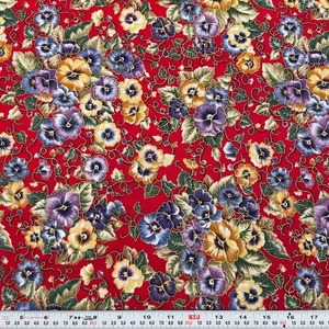 Vintage Faye Burgos Marcus Bro Metallic Pansy Red Cotton Fabric by the HALF YARD - Picture 1 of 2