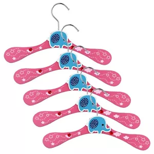 Kids Wooden Clothes Hangers 5Pcs for Children Nursery Bedroom - Pink Elephants - Picture 1 of 4