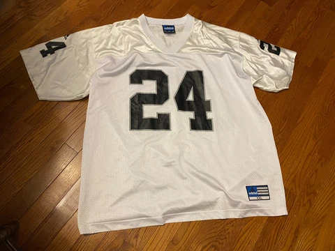 RARE SILVER White Vtg OAKLAND RAIDERS #24 CHARLES WOODSON Mens NFL JERSEY XXL Cover