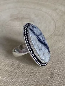 Oblong Grey Jasper Ring Size U 1/2 Sterling Silver 925 Plated Vintage Bohemian - Picture 1 of 5
