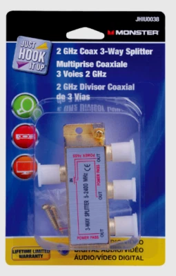 Monster JHIU0038 Just Hook It Up 3-WAY COAX SPLITTER 2 GHz, 5-2150 MHz 75 Ohm - Image 1 of 2
