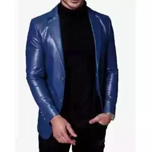 Men's Pure Lambskin Leather Blazer Soft Blue Coat Blazer Handmade Casual Party - Picture 1 of 5