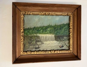 Folk Art Hudson River Valley Painting - Waterfall and Boats, People, etc - Picture 1 of 12