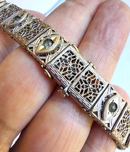 Pulsera Art Deco Vintage Plata Filigrana Eslabones Caja Cierre Topacio Ahumado Estrás - Imagen 1 de 9
