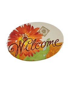Vintage Ceramic Oval Welcome Wall or Door Plaque Orange Floral 7"x5" - Picture 1 of 7