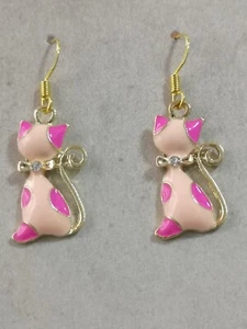 Drop / Dangle Earrings - Pink Enamelled Cat - Gold Plated Hooks - Picture 1 of 6
