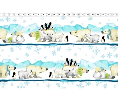 Susybee BURR the POLAR BEAR Pictorial Stripe White Quilt Fabric sold by 1/2 Yard - Image 1 of 3