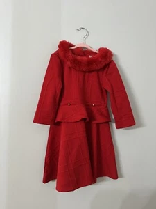 Janie And Jack Girls 6 Red Faux Fur Red Jacquard Dress Holiday - Bild 1 von 7
