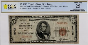 1929 Sioux City Iowa $5 National Banknote Charter 5022 PCGS Very Fine 25 - Picture 1 of 2