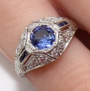 Vintage Art Deco natürlicher Kornblumenblau Saphir Diamant Platin filigraner Ring FZZ - Bild 1 von 6