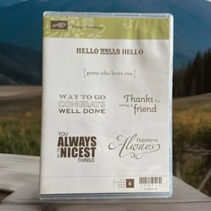 STAMPIN UP “Happy Greetings” 123313, Juego de 6 sellos de goma, retirados, frases - - Imagen 1 de 3