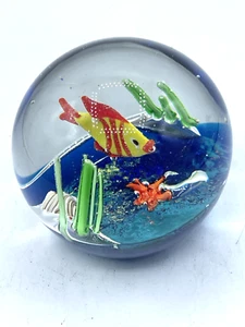 Art Glass Paperweight Undersea Fish Aquarium 3-1/2 in Diameter Polished Bottom - Picture 1 of 7