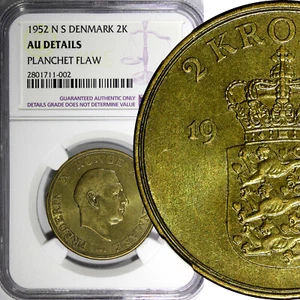 Denmark Frederik IX Aluminum-Bronze 1952 N S 2 Kroner NGC AU DETAIL KM# 838.1(2) - Picture 1 of 4