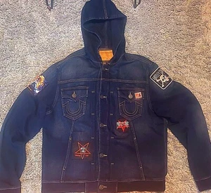 Men’s True Religion Motley Crue Denim Jacket Hoodie XL Rare Unique - Picture 1 of 12