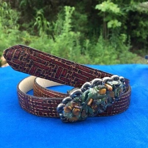 Vintage Tigers Eye Aventurine Stone Buckle Leather Belt Medium - Picture 1 of 6