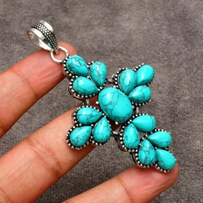 Turquoise Gemstone Cross Pendant 925 Sterling Silver Handmade Pendant Necklace - Image 1 of 4