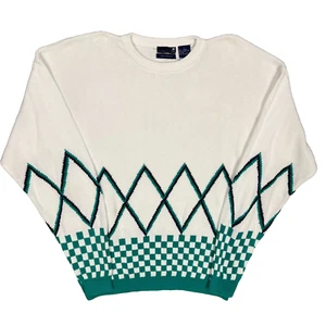 Vintage Stanley Blacker Hand Intarsia Knit Sweater Checker White Cotton Large - Picture 1 of 6