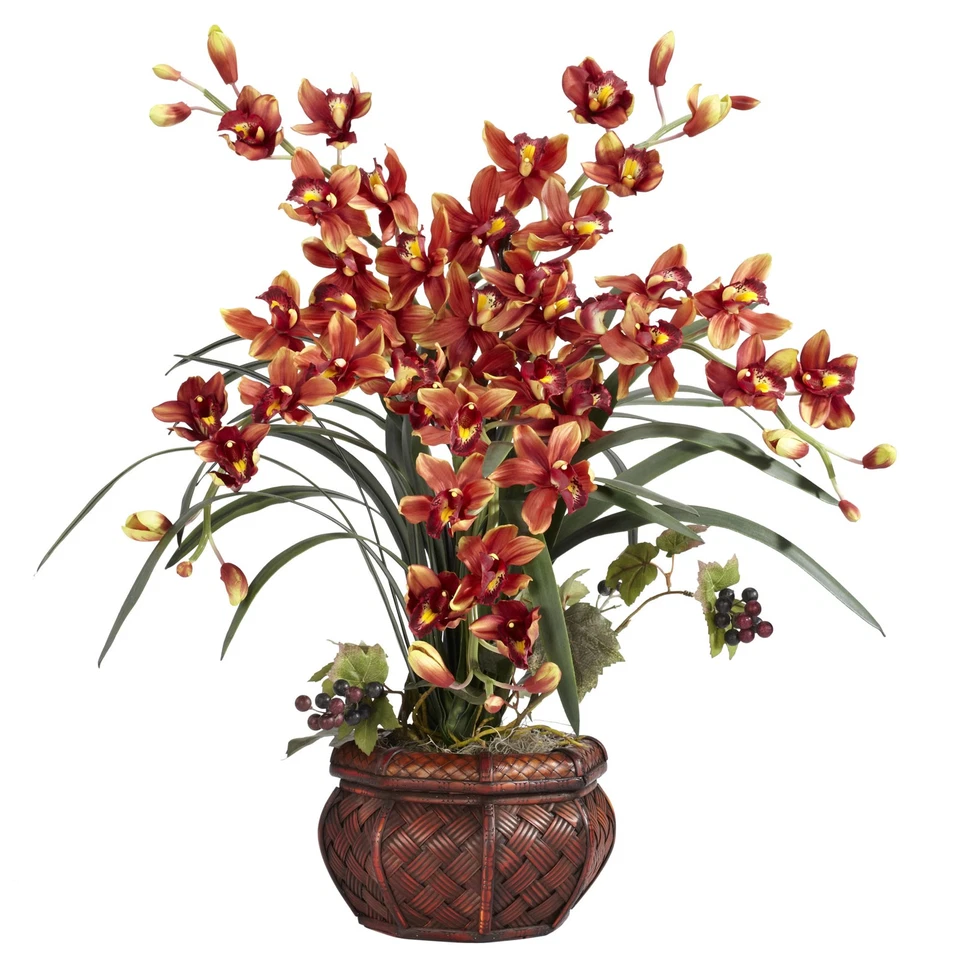 Nearly Natural 1245 BR Burgundy Cymbidium W Decorative Vase Silk Arrangement