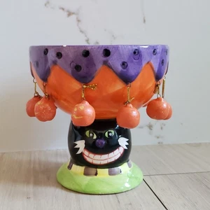 Halloween Candy Dish Black Cat Ceramic Bowl Orange 6” Spooky Décor JackoLantern - Picture 1 of 8