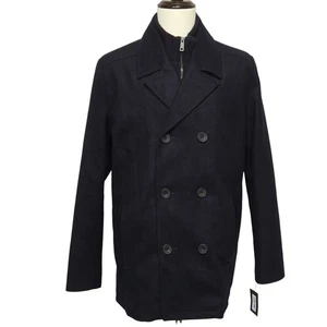 Kenneth Cole Coat Mens XL Navy Wool Blend Peacoat Double Breasted Zip Insert New - Picture 1 of 23