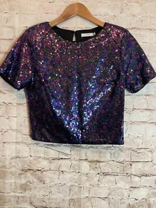 Lush Crop Top Womens Small Purple All Over Sequins Cropped Short Sleeve Disco - Picture 1 of 14