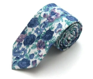 White Blue Floral cotton Men’s Necktie Skinny 2 1/2W 58L - Picture 1 of 4