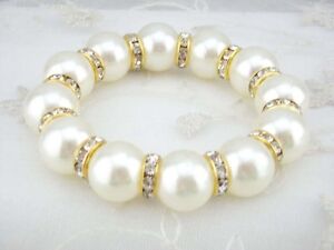 10mm White Shell Pearl Gold Crystal Rhinestone Bead Stretch Jewelry Bracelet 7''